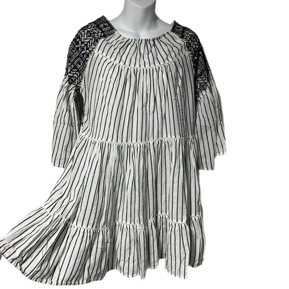 Free People Black White Striped Lola Embroidered Mini Dress XS Boho Oversized - Picture 5 of 12